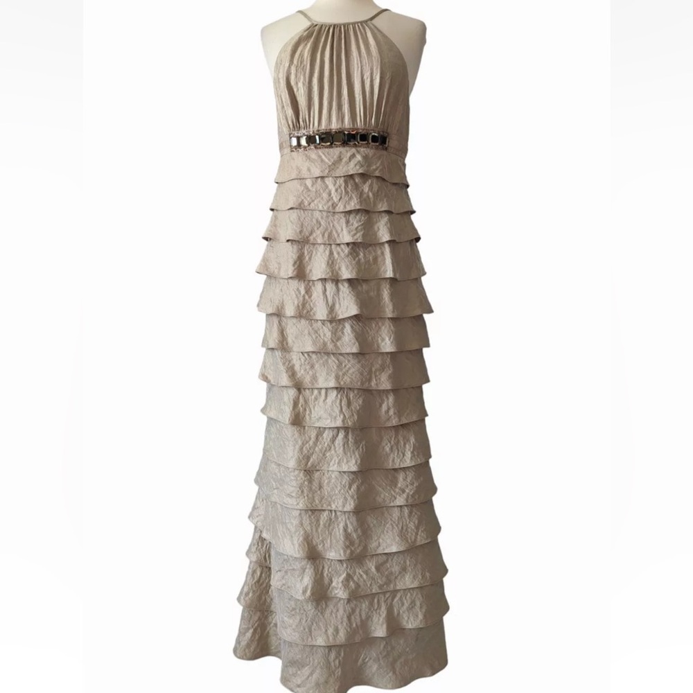 Adrianna Papell-6-tan-formal halter, spaghetti, strap,tiered, beaded, maxi dress